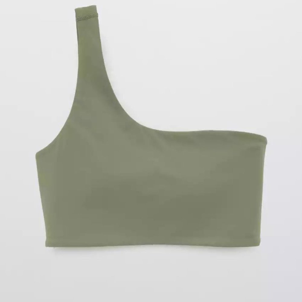 OFFLINE By Aerie The Hugger One Shoulder Sports Bra - Olive Fun, Size M